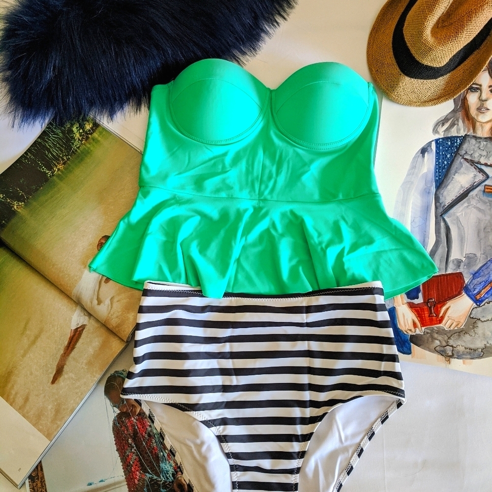 Hot Tub Party High Waisted Striped Tankini Set